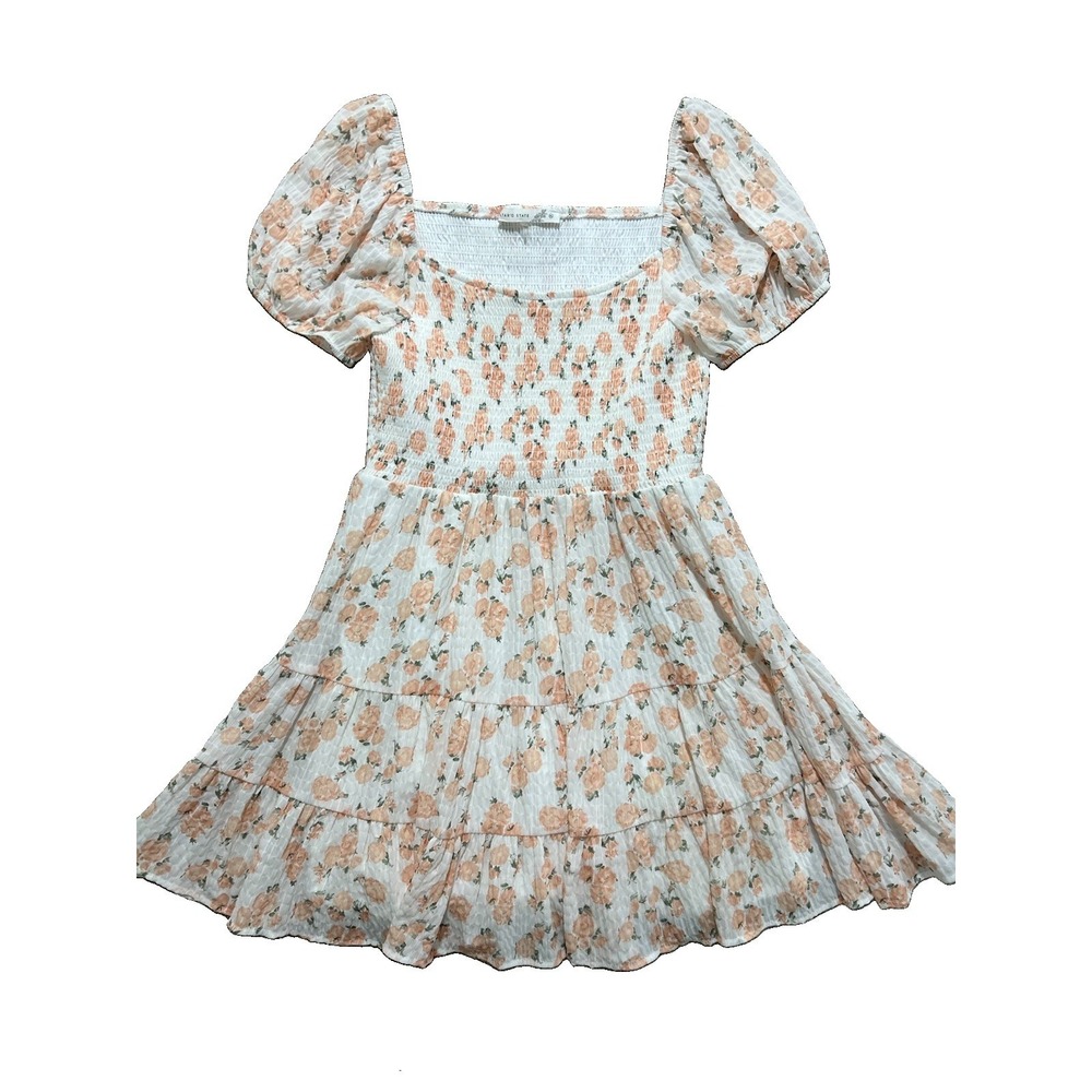 Altar'd State Women's XL Smocked Floral Puff Sleeve Dress Peach White